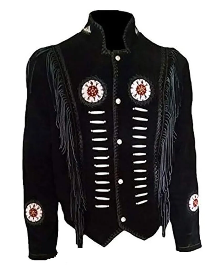 Western Fringe Cowboy Black Leather Jacket