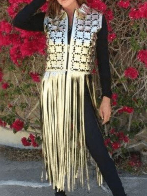 Stylish Fringe Gold Leather Coat