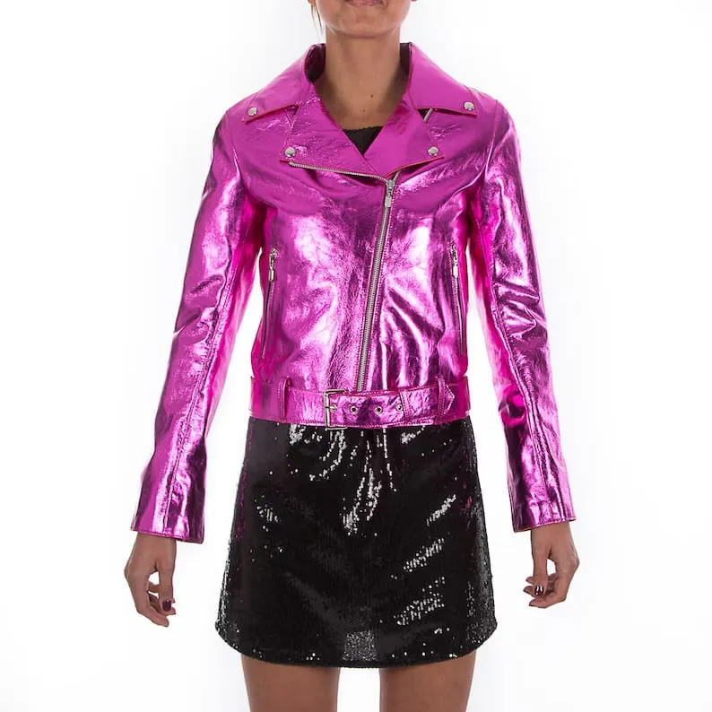 Radiant Rose Women’s Metallic Leather Jacket