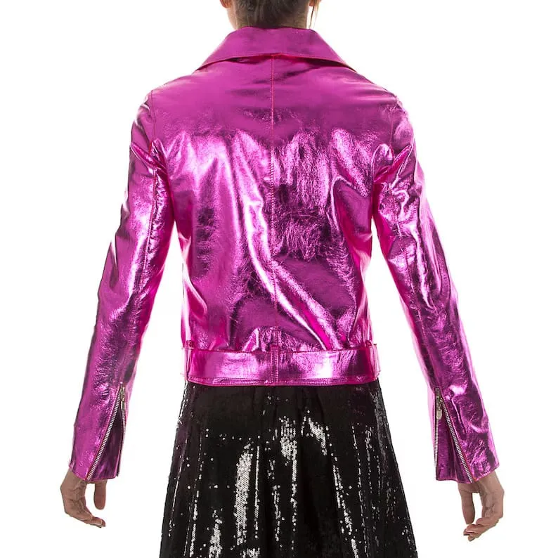 Radiant Rose Women’s Metallic Leather Jacket - Image 2