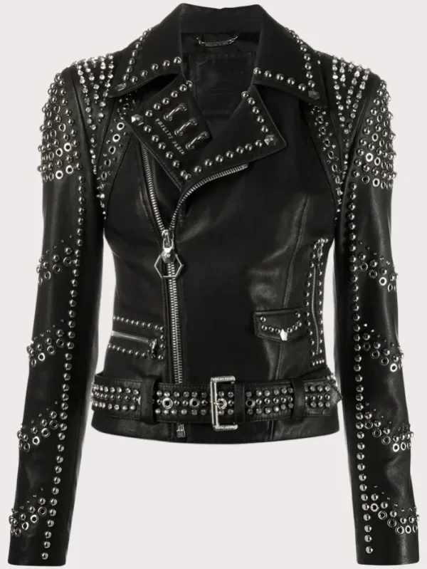 Black Lambskin Spike-Stud Biker Jacket