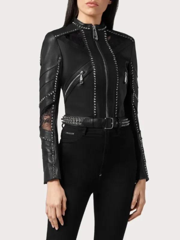Black Lambskin Spike-Studded Biker Jacket