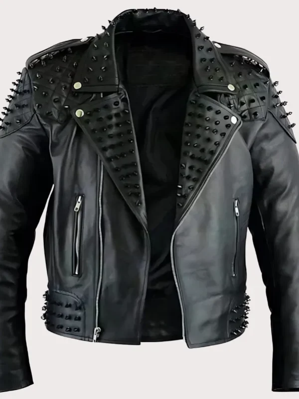 Black Leather Biker Jacket with Studs