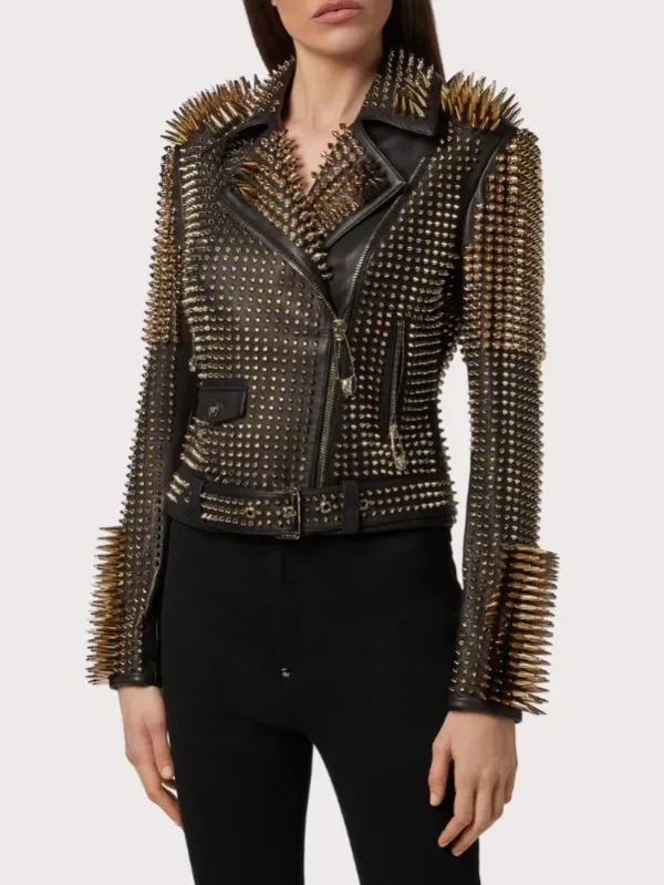 Black Leather Golden Spike Studded Biker Jacket