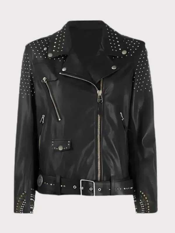 Black Leather Silver Studded Biker Jacket