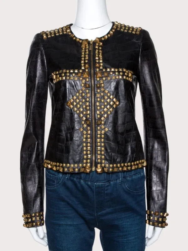 Black Leather Studded Zip Front Jacket