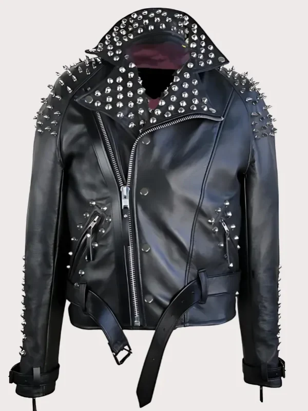 Classic Black Leather Jacket With Half Spikes For Men