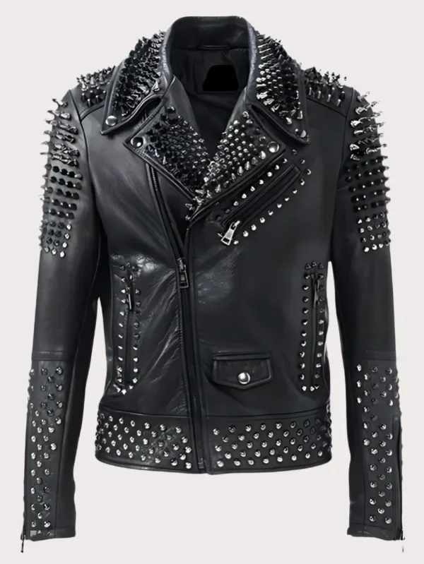 Men Black And Silver Studded Motorcycle Jacket