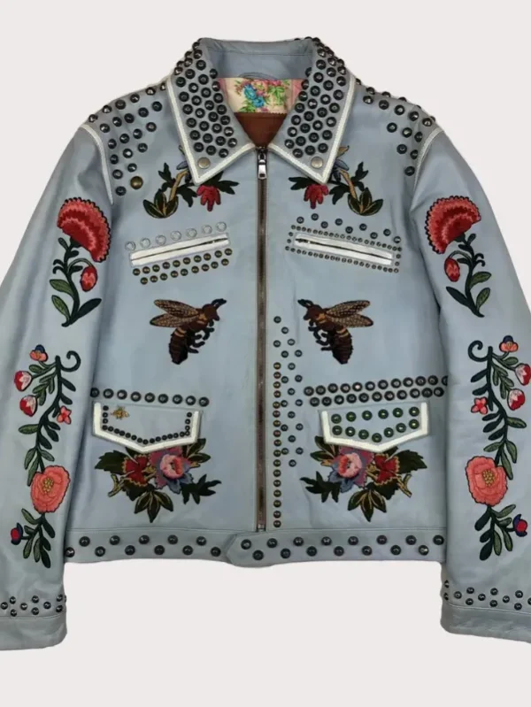 Studded Blue Padded Leather Jacket
