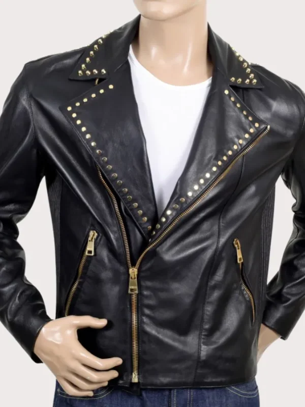 Golden Studded Fashion Leather Jacket For Men