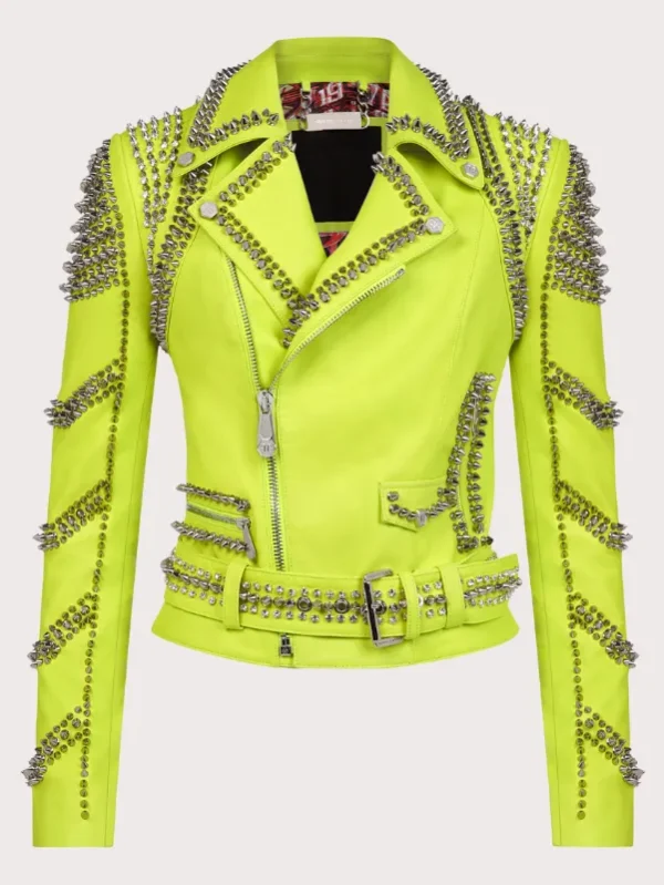Green Studded Biker Leather Jacket