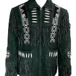 Mens Western Eagle Cowboy Fringed Suede Leather Jacket