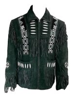 Mens Western Eagle Cowboy Fringed Suede Leather Jacket