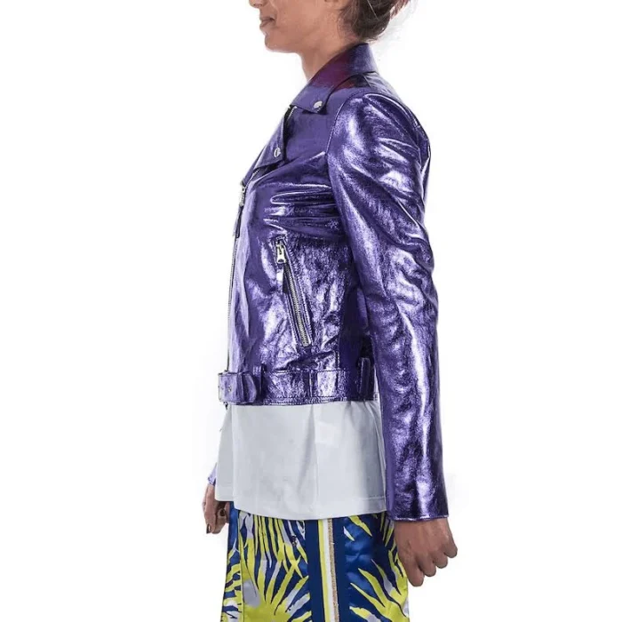 Amethyst Shimmer Women Metallic Leather Jacket 2 side pose