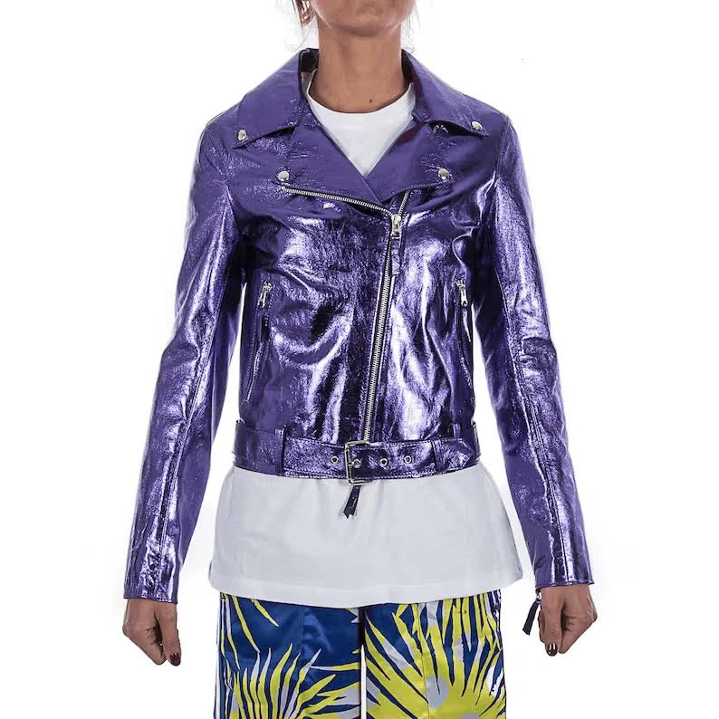 Amethyst Shimmer Women Metallic Leather Jacket