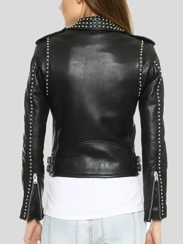 Black Studded Women biker leather jacket back