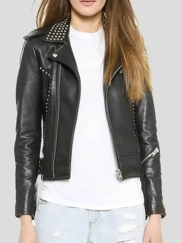 Black Studded Women biker leather jacket