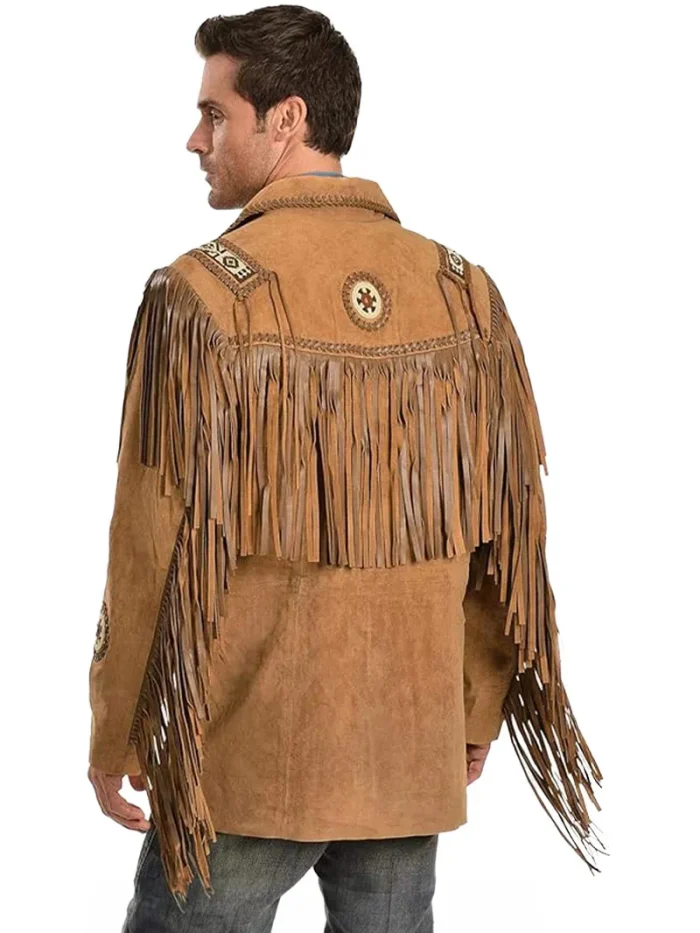 Classic Men's Western Style Cow Suede Leather Jacket with Fringe - Image 3
