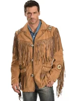 Classic Men's Western Style Cow Suede Leather Jacket with Fringe