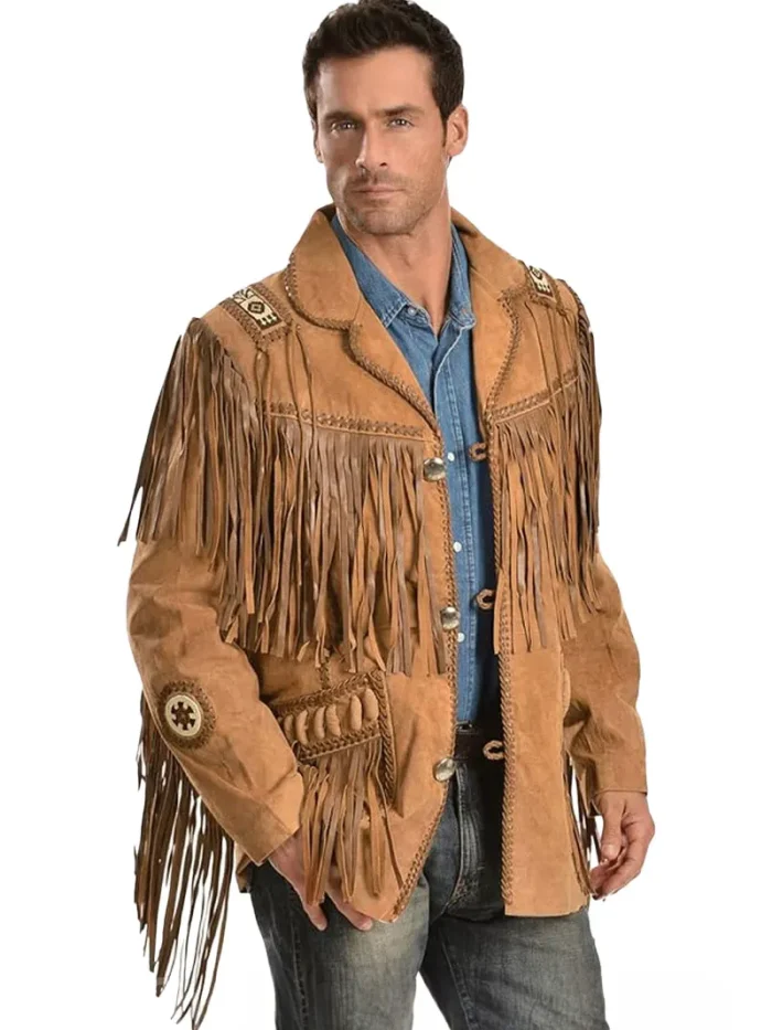 Classic Men's Western Style Cow Suede Leather Jacket with Fringe - Image 2