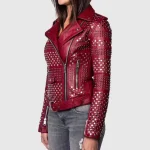 Burgundy Studded Leather Jacket for Women