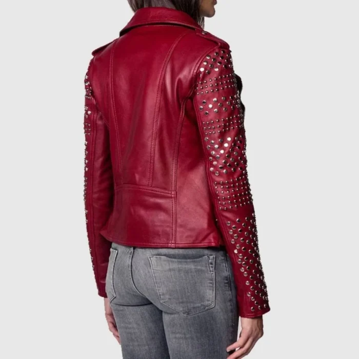 Burgundy Studded Leather Jacket for Women back