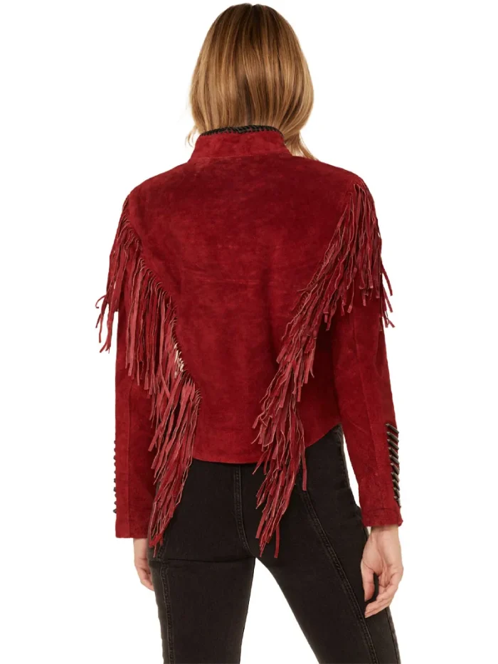 Cripple Creek Womens Beaded Suede Fringe Black Stones Military Jacket - Image 2