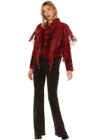 Cripple Creek Womens Beaded Suede Fringe Black Stones Military Jacket - Image 3