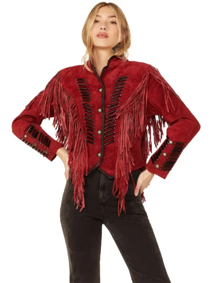 Cripple Creek Womens Beaded Suede Fringe Black Stones Military Jacket