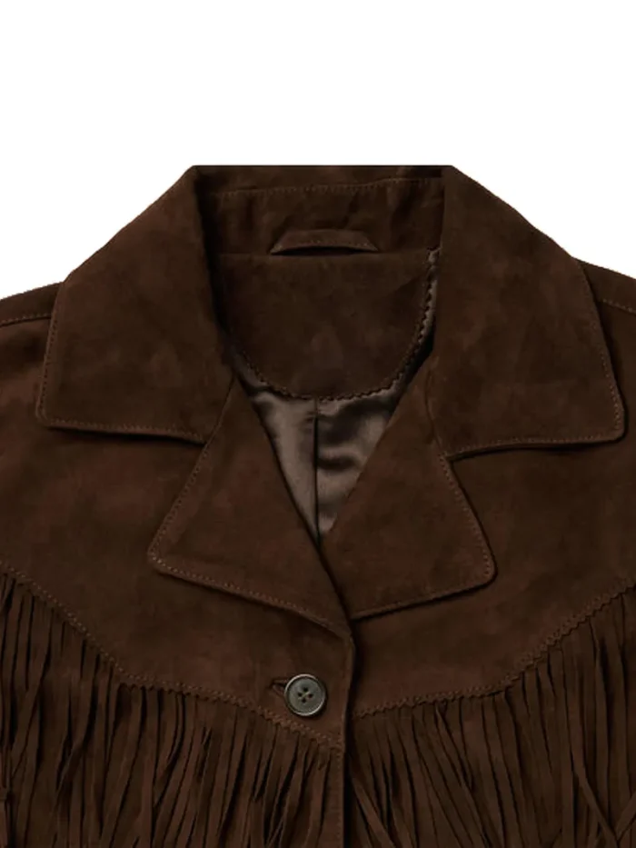 Dark Brown Fringe Womens Leather Jacket collar