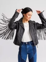 Crissy Star Leather Fringe Jacket - Black