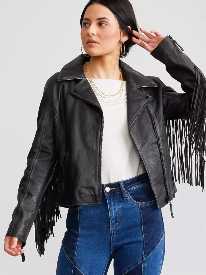 Crissy Star Leather Fringe Jacket - Black - Image 4