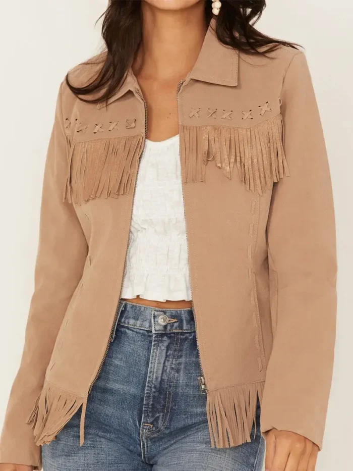 Women's Fringe Leather Jacket with Zip - Image 3