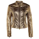 Womens Gold Metallic Leather Moto Jacket Quilted Biker Style