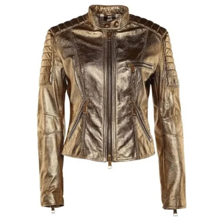 Womens Gold Metallic Leather Moto Jacket Quilted Biker Style
