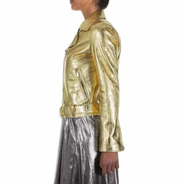 Golden Glow Womens Metallic Leather Jacket arm