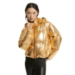 Handcrafted Luxury Puffer Women Gold Leather Jacket