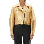 Handcrafted Women Golden Leather Jacket 3