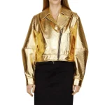 Handcrafted Women Golden Leather Jacket 2
