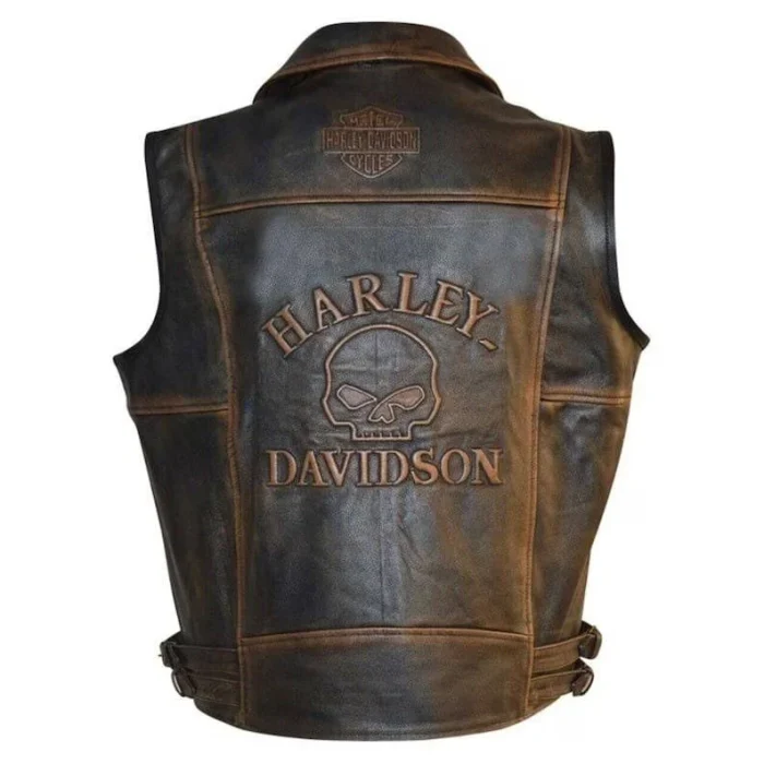 Harley Davidson Mens Brown Distressed Leather Biker Vest back side