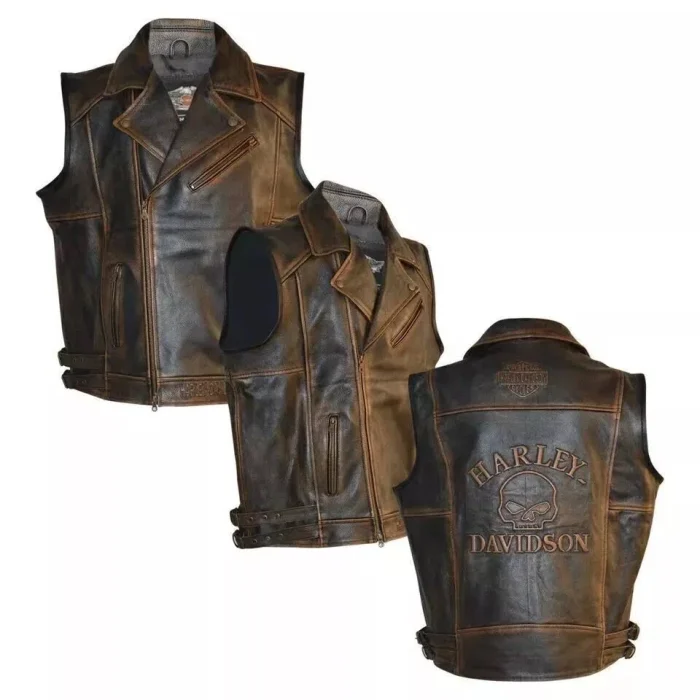 Harley Davidson Mens Brown Distressed Leather Biker Vests