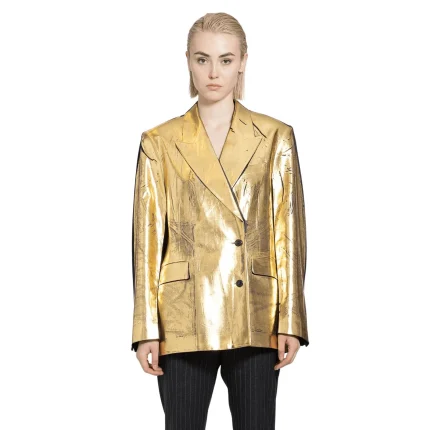 Womens Gold Metallic Leather Blazer Coat