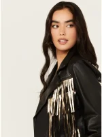 Women's Sparks Studded Thunderbird Fringe Leather Jacket - Image 4