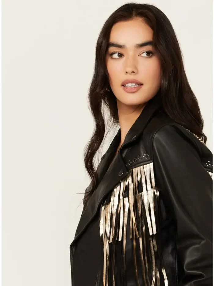 Women's Sparks Studded Thunderbird Fringe Leather Jacket - Image 4