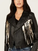 Women's Sparks Studded Thunderbird Fringe Leather Jacket - Image 3
