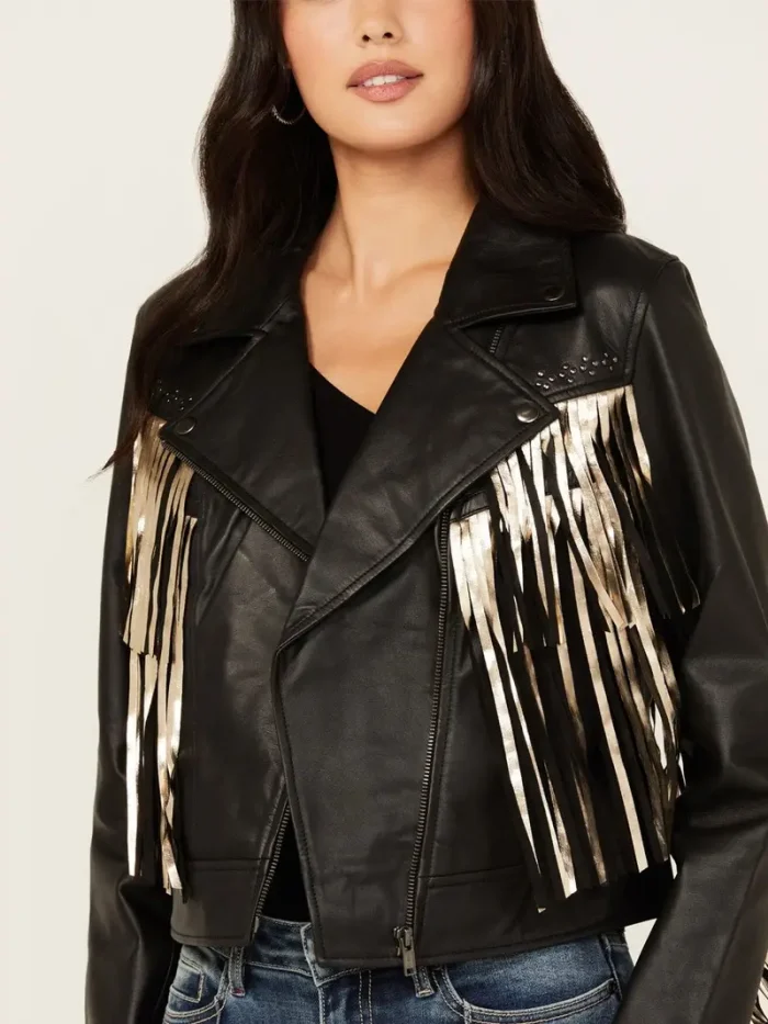 Women's Sparks Studded Thunderbird Fringe Leather Jacket - Image 3