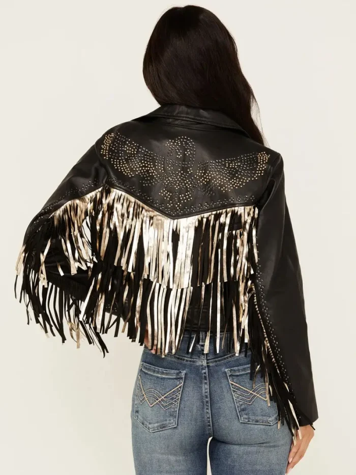Women's Sparks Studded Thunderbird Fringe Leather Jacket - Image 2
