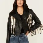 Women's Sparks Studded Thunderbird Fringe Leather Jacket