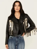 Women's Sparks Studded Thunderbird Fringe Leather Jacket