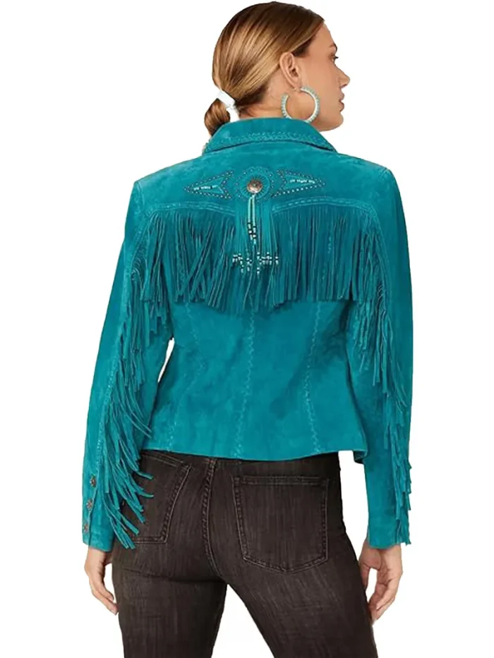 Womens Stylish Suede Fringe Jacket green back